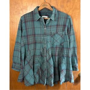 We The Free People Green Plaid Oversized Babydoll Button Up Shirt Shacket Boho